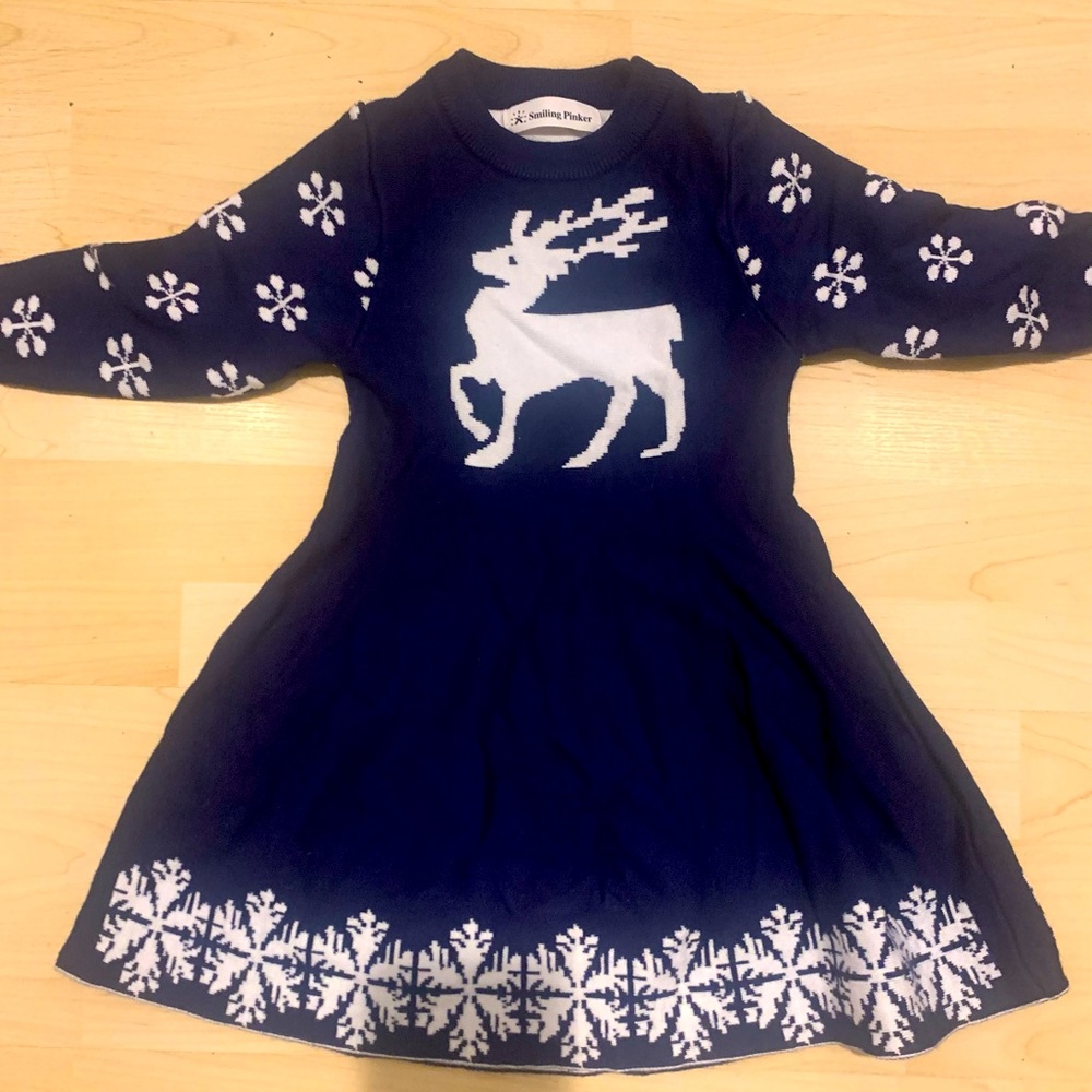 Smiling pinker Christmas sweater dress navy reindeer